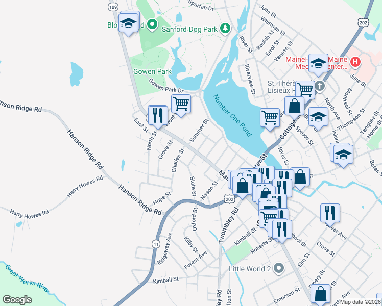 map of restaurants, bars, coffee shops, grocery stores, and more near 821 Main Street in Sanford