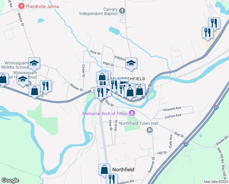 map of restaurants, bars, coffee shops, grocery stores, and more near 1 Park Street in Northfield