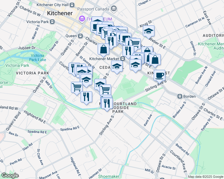 map of restaurants, bars, coffee shops, grocery stores, and more near 136 Madison Avenue South in Kitchener