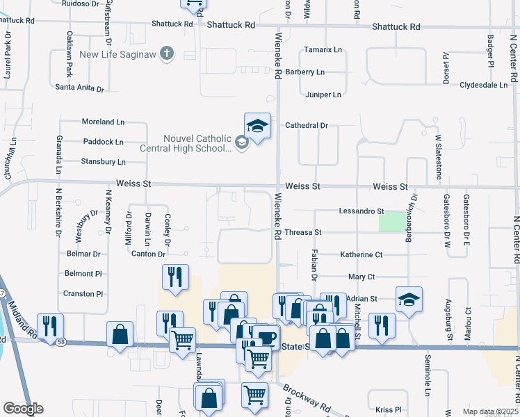 map of restaurants, bars, coffee shops, grocery stores, and more near 5792 Olive Tree Drive in Saginaw