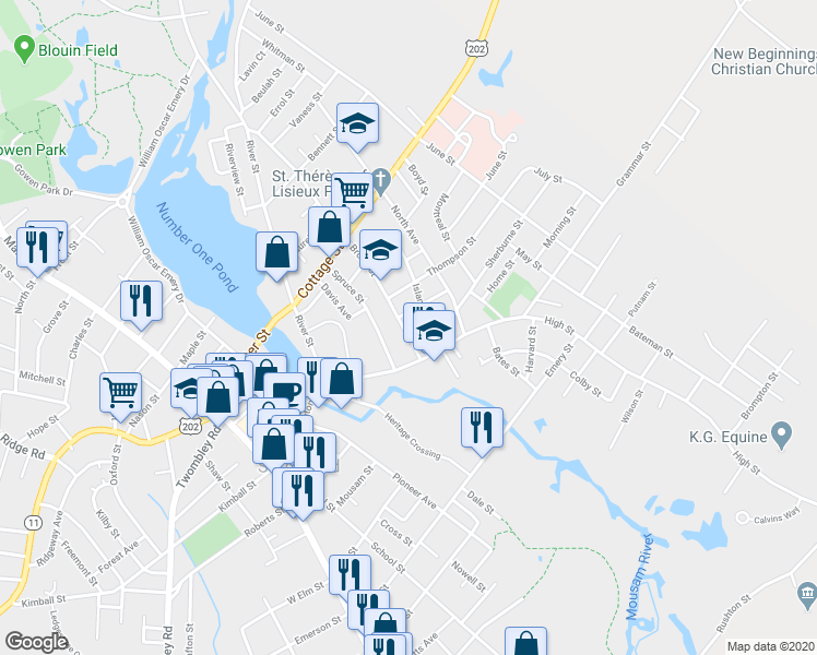 map of restaurants, bars, coffee shops, grocery stores, and more near 27 Brook Street in Sanford