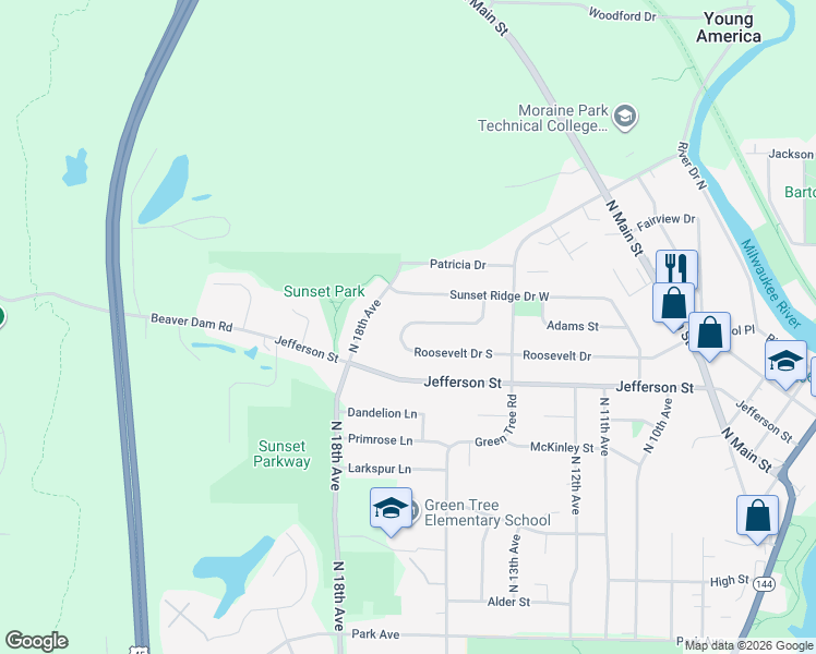 map of restaurants, bars, coffee shops, grocery stores, and more near 1529 Roosevelt Drive North in West Bend