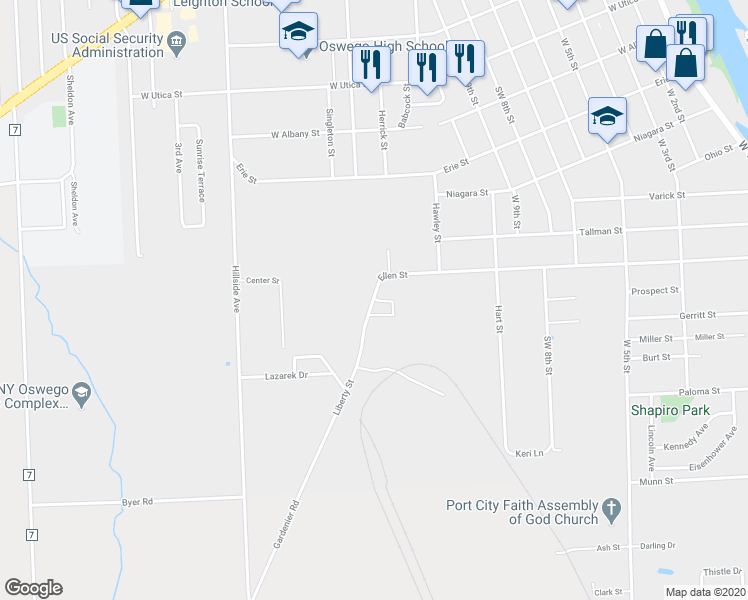 map of restaurants, bars, coffee shops, grocery stores, and more near 7 Cedarwood Drive in Oswego