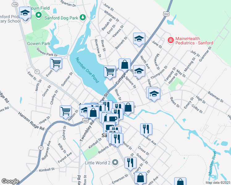 map of restaurants, bars, coffee shops, grocery stores, and more near 28 River Street in Sanford