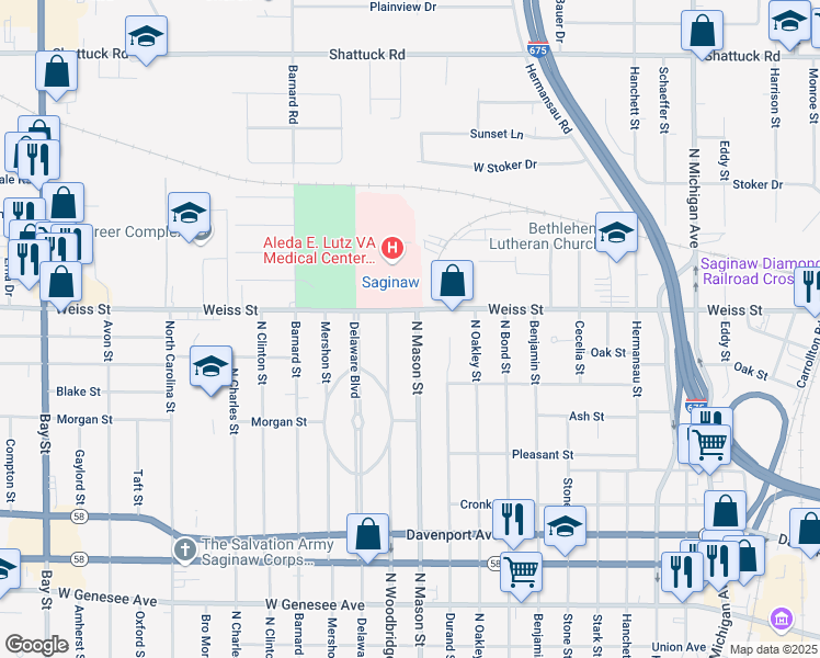 map of restaurants, bars, coffee shops, grocery stores, and more near 2549 North Mason Street in Saginaw