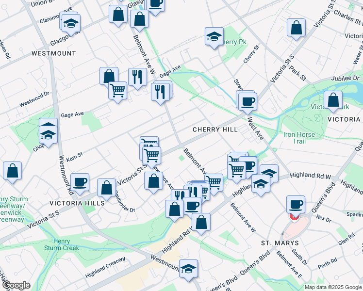 map of restaurants, bars, coffee shops, grocery stores, and more near Waterloo Regional Rd 55 & Belmont Ave W in Kitchener