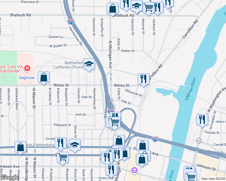 map of restaurants, bars, coffee shops, grocery stores, and more near 2627 Eddy Street in Saginaw