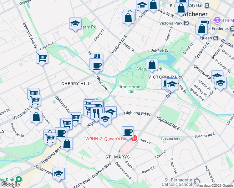 map of restaurants, bars, coffee shops, grocery stores, and more near 152 Homewood Avenue in Kitchener