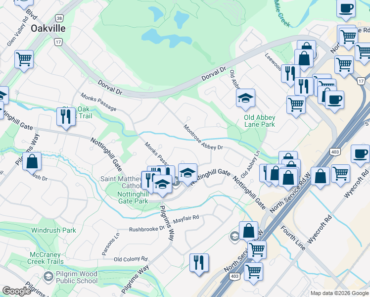 map of restaurants, bars, coffee shops, grocery stores, and more near 1187 Old Post Drive in Oakville