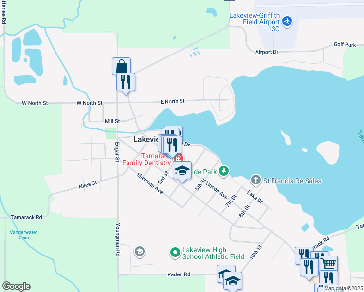 map of restaurants, bars, coffee shops, grocery stores, and more near 340 Lake Drive in Lakeview