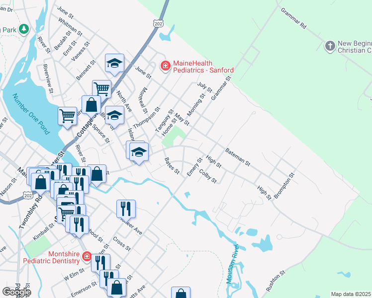 map of restaurants, bars, coffee shops, grocery stores, and more near 87 High Street in Sanford