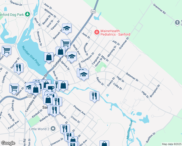 map of restaurants, bars, coffee shops, grocery stores, and more near 71 High Street in Sanford
