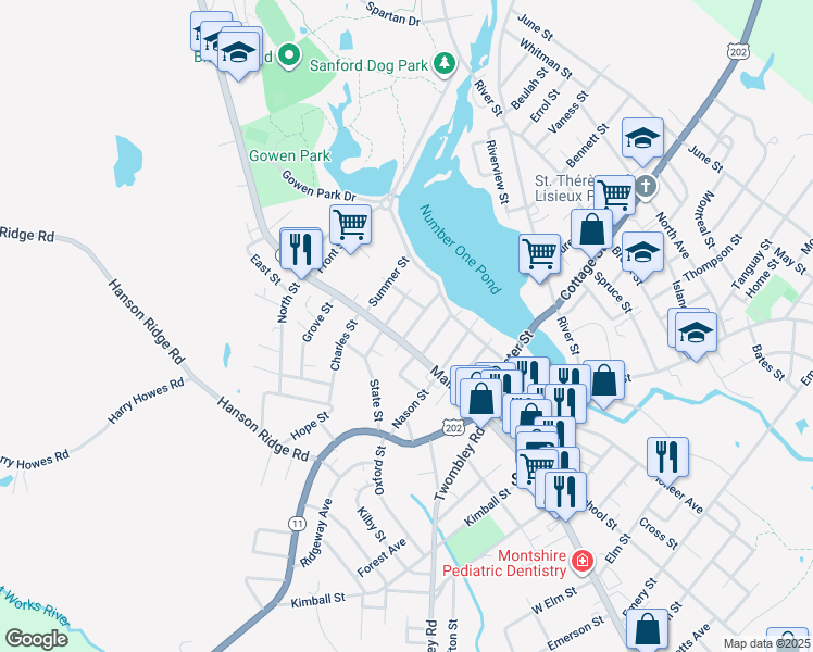 map of restaurants, bars, coffee shops, grocery stores, and more near 832 Main Street in Sanford