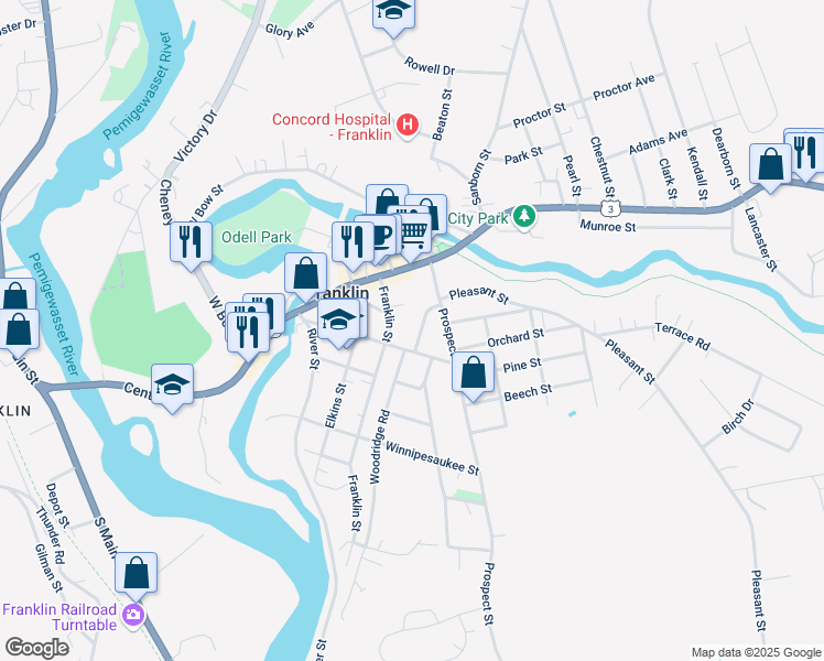 map of restaurants, bars, coffee shops, grocery stores, and more near 35 Spring Street in Franklin