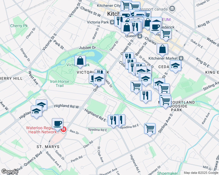 map of restaurants, bars, coffee shops, grocery stores, and more near 33 Mill Street in Kitchener