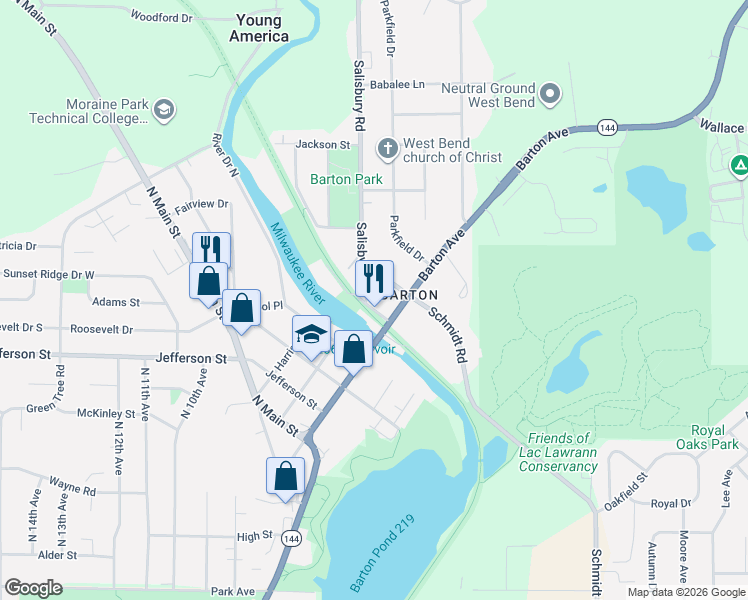 map of restaurants, bars, coffee shops, grocery stores, and more near 314 Commerce Street in West Bend