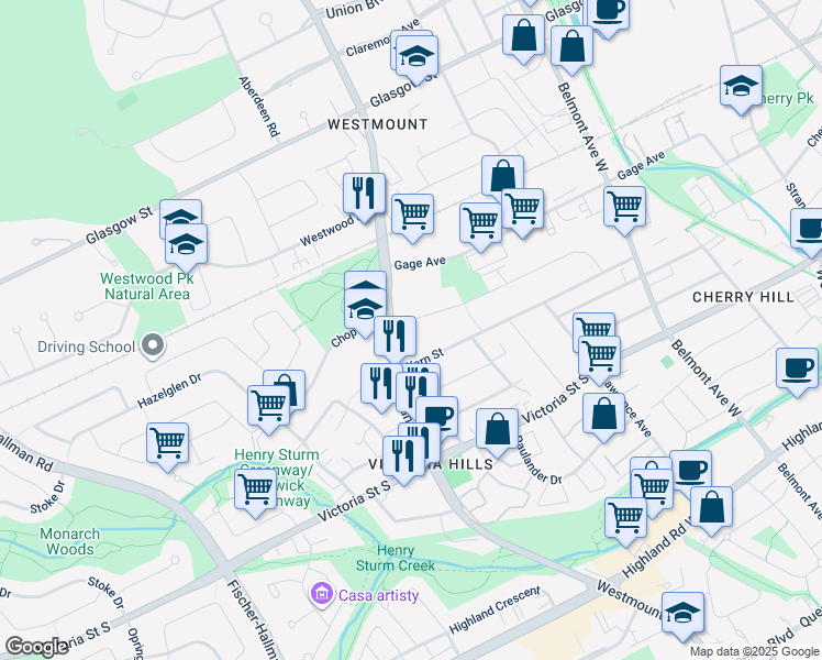 map of restaurants, bars, coffee shops, grocery stores, and more near 187 Brybeck Crescent in Kitchener