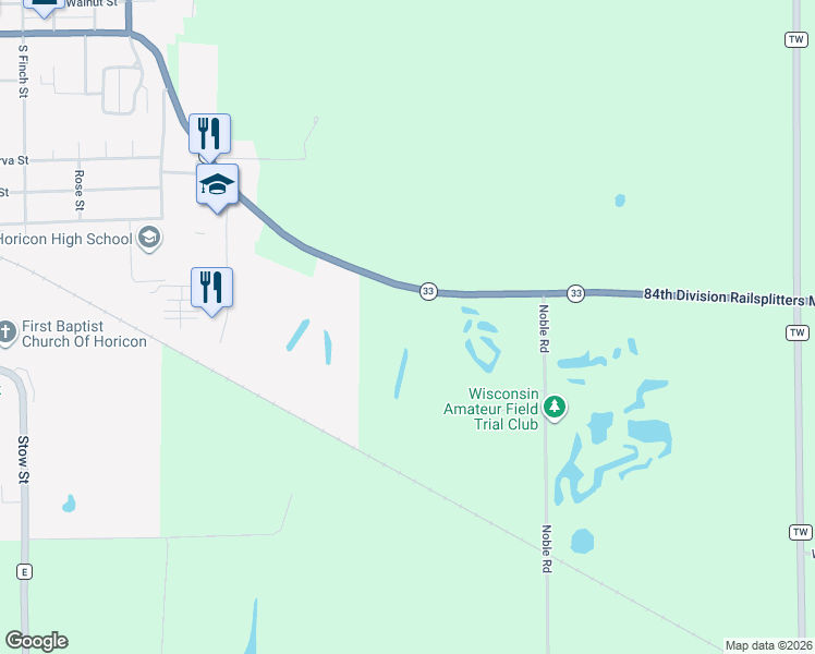 map of restaurants, bars, coffee shops, grocery stores, and more near W4301 Wisconsin 33 in Horicon