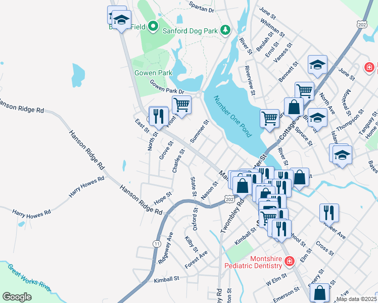 map of restaurants, bars, coffee shops, grocery stores, and more near 821 Main Street in Sanford