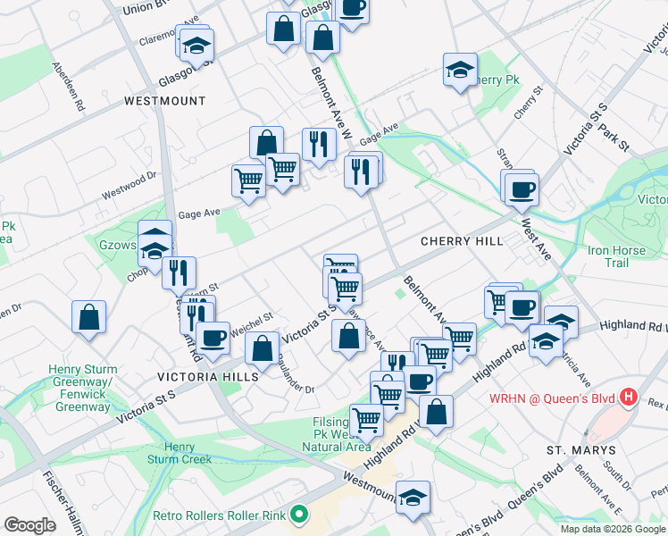 map of restaurants, bars, coffee shops, grocery stores, and more near 381 Lawrence Avenue in Kitchener