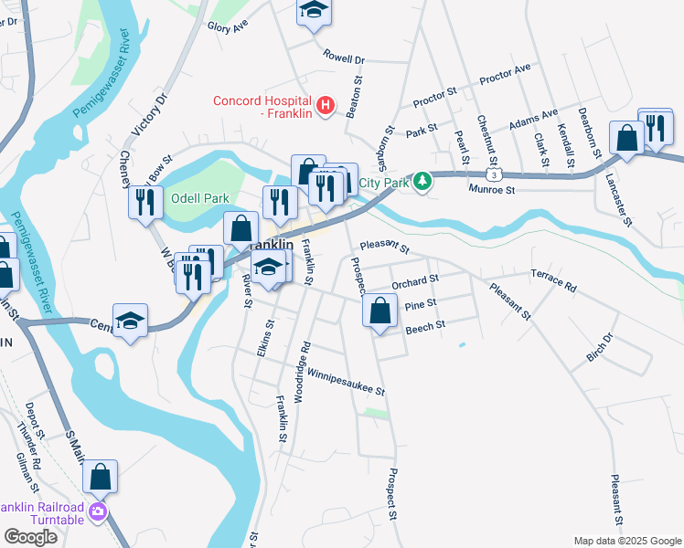 map of restaurants, bars, coffee shops, grocery stores, and more near 32 Spring Street in Franklin