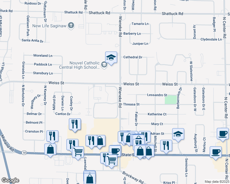 map of restaurants, bars, coffee shops, grocery stores, and more near 5792 Olive Tree Drive in Saginaw