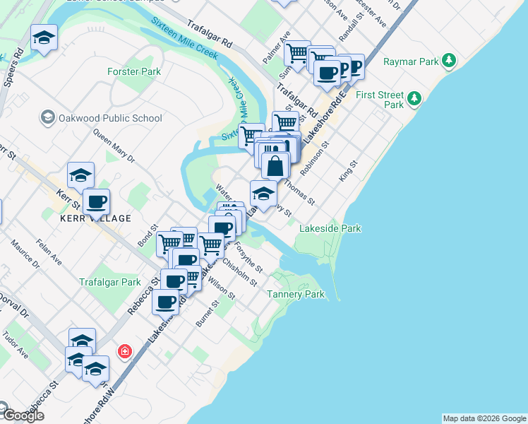 map of restaurants, bars, coffee shops, grocery stores, and more near 100 Lakeshore Road East in Oakville