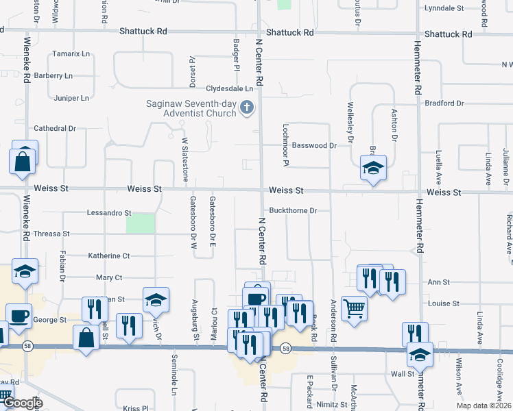 map of restaurants, bars, coffee shops, grocery stores, and more near 2445 North Center Road in Saginaw