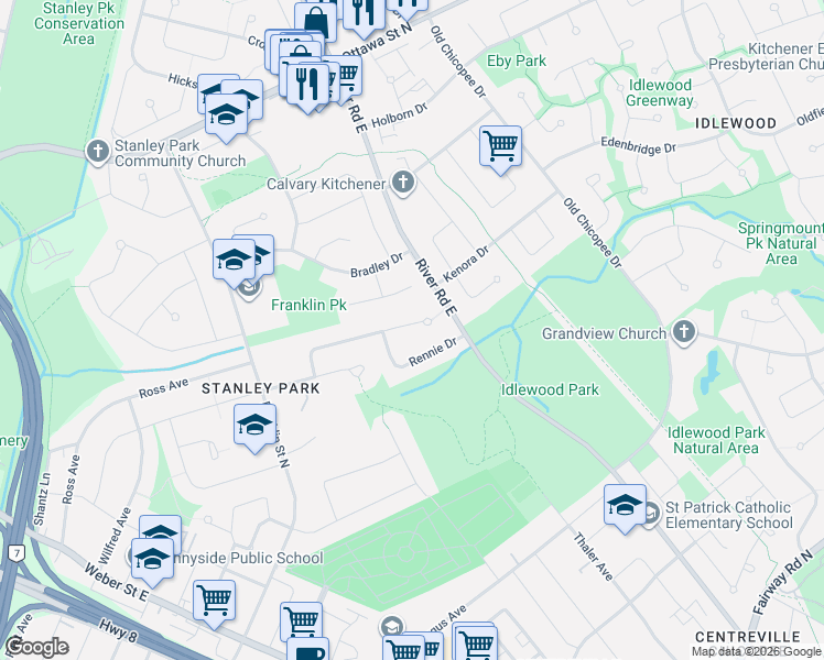 map of restaurants, bars, coffee shops, grocery stores, and more near 164 Rennie Drive in Kitchener