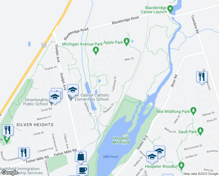 map of restaurants, bars, coffee shops, grocery stores, and more near 80 Silverthorne Drive in Cambridge