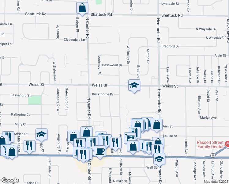 map of restaurants, bars, coffee shops, grocery stores, and more near 2425 Bock Road in Saginaw