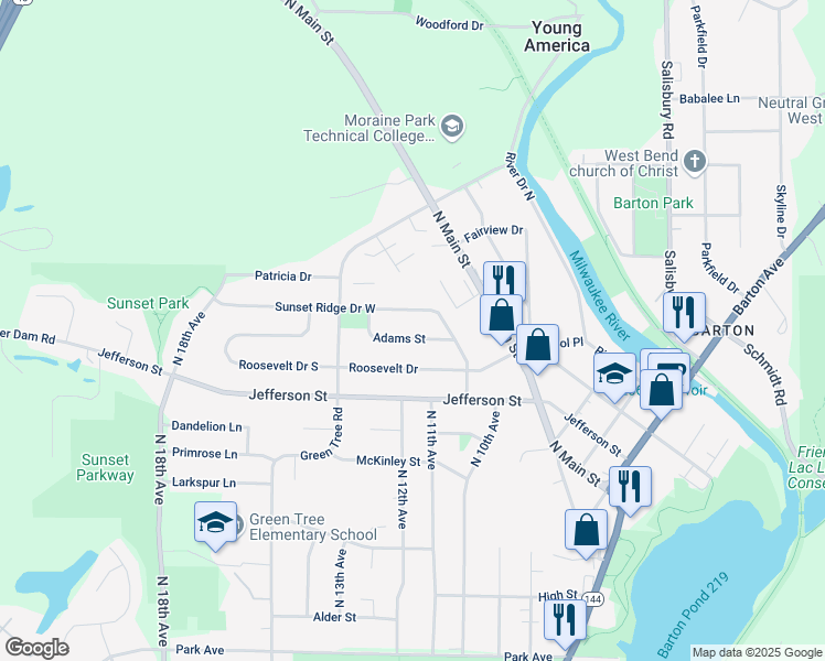 map of restaurants, bars, coffee shops, grocery stores, and more near 1021 Adams Street in West Bend