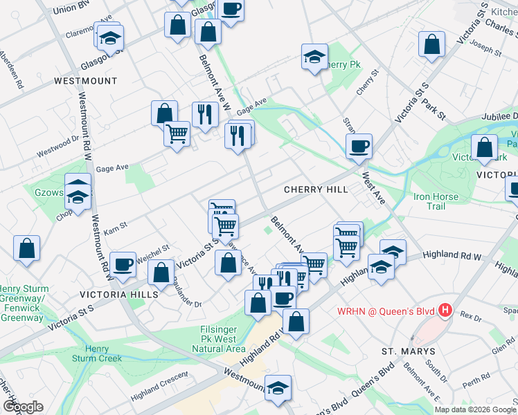 map of restaurants, bars, coffee shops, grocery stores, and more near 335 Belmont Avenue West in Kitchener
