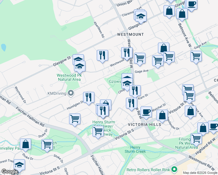 map of restaurants, bars, coffee shops, grocery stores, and more near 60 Rossford Crescent in Kitchener