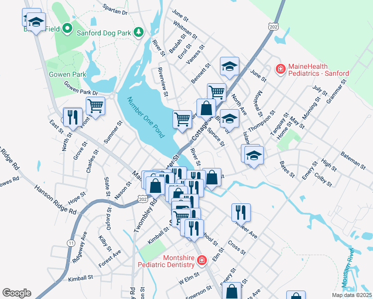 map of restaurants, bars, coffee shops, grocery stores, and more near 28 River Street in Sanford