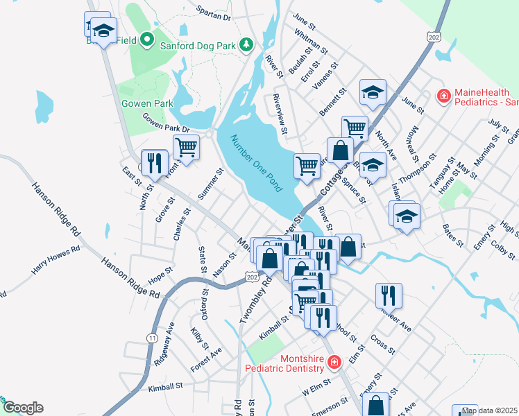 map of restaurants, bars, coffee shops, grocery stores, and more near 53 Riverside Avenue in Sanford