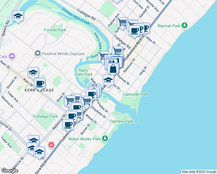 map of restaurants, bars, coffee shops, grocery stores, and more near in Oakville