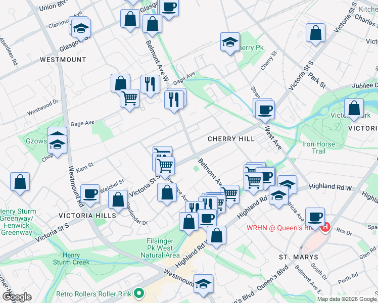 map of restaurants, bars, coffee shops, grocery stores, and more near in Kitchener