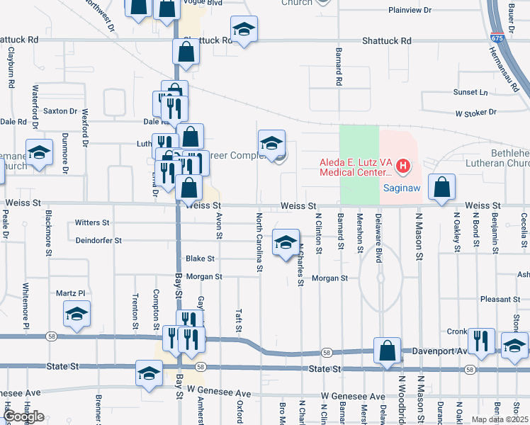 map of restaurants, bars, coffee shops, grocery stores, and more near 15 Ruhlig Court in Saginaw