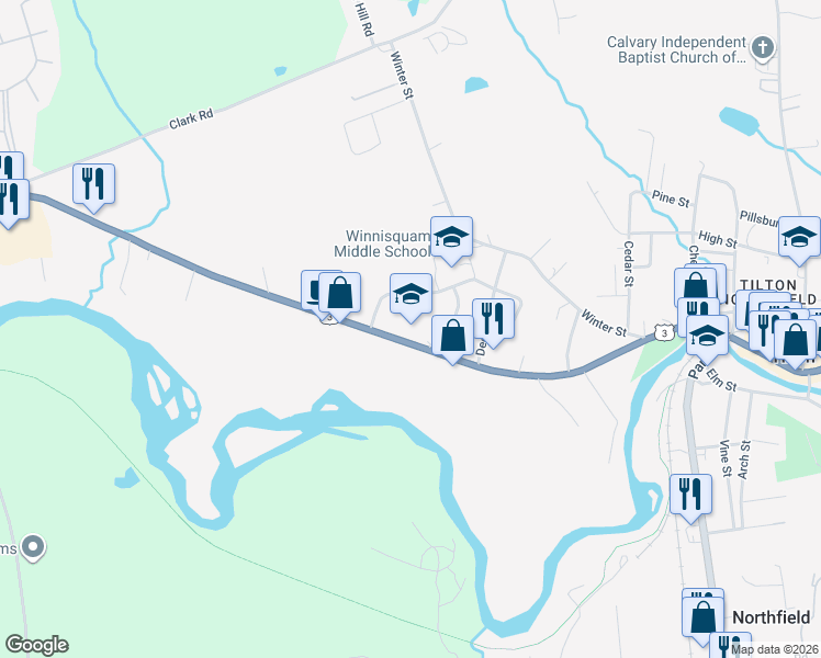 map of restaurants, bars, coffee shops, grocery stores, and more near 435 West Main Street in Tilton