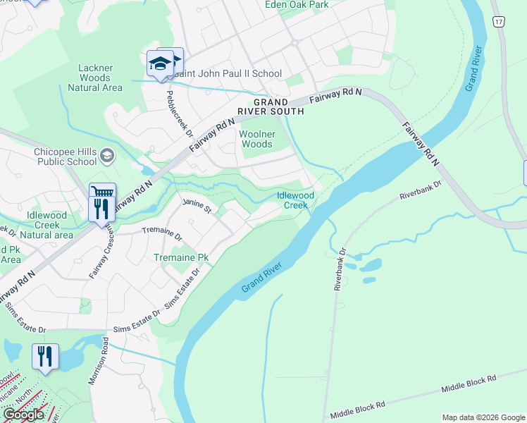 map of restaurants, bars, coffee shops, grocery stores, and more near 258 Edgewater Crescent in Kitchener