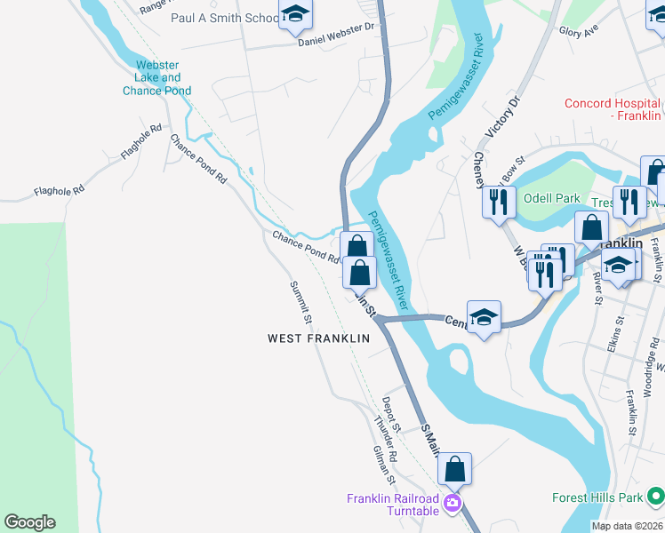 map of restaurants, bars, coffee shops, grocery stores, and more near 94 North Main Street in Franklin