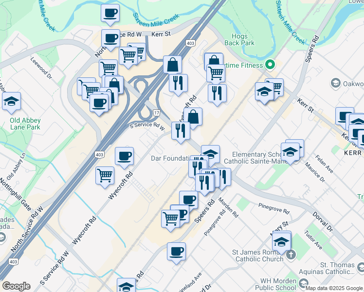 map of restaurants, bars, coffee shops, grocery stores, and more near 700 Dorval Drive in Oakville