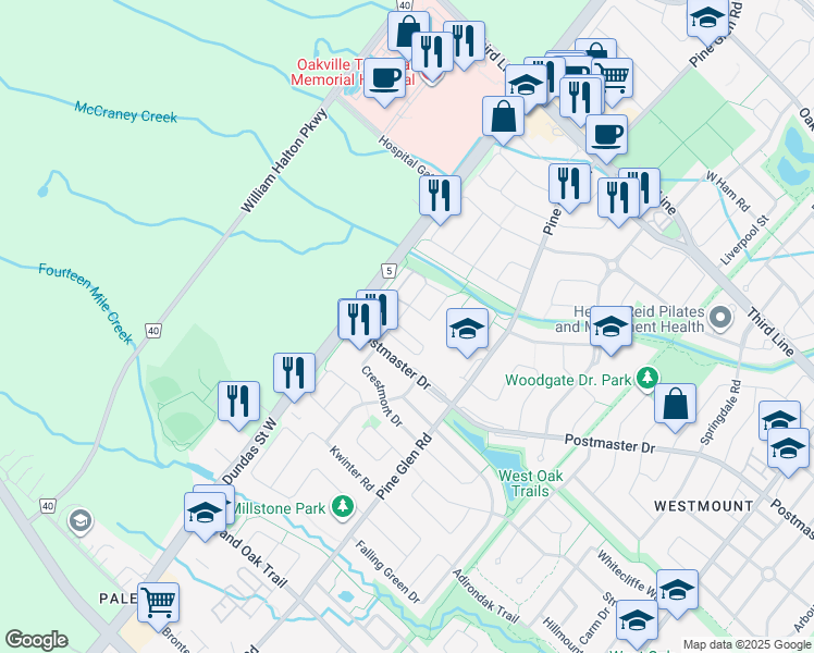 map of restaurants, bars, coffee shops, grocery stores, and more near 2178 Fiddlers Way in Oakville