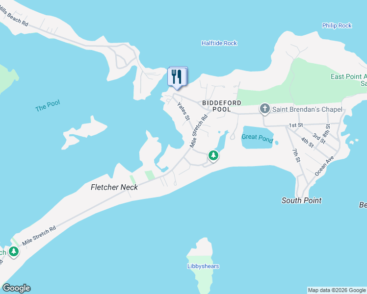 map of restaurants, bars, coffee shops, grocery stores, and more near 109 Mile Stretch Road in Biddeford