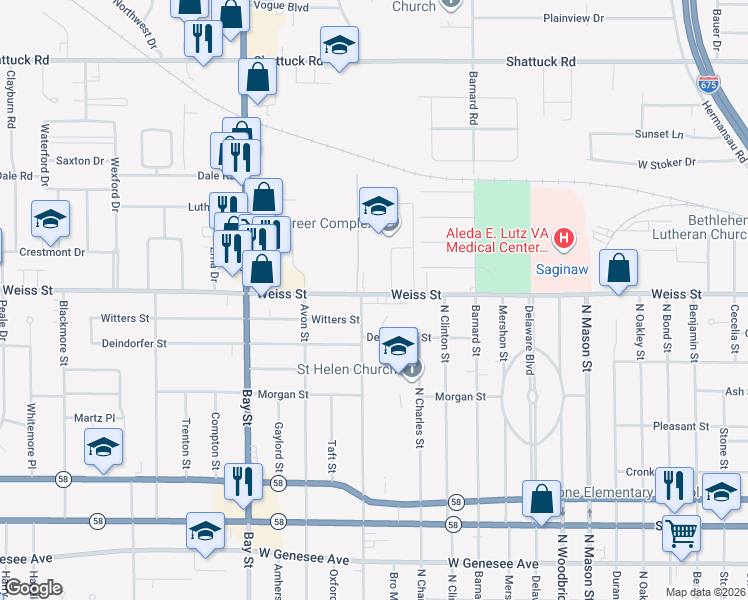 map of restaurants, bars, coffee shops, grocery stores, and more near 15 Ruhlig Court in Saginaw