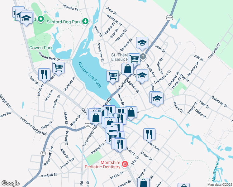 map of restaurants, bars, coffee shops, grocery stores, and more near 28 River Street in Sanford
