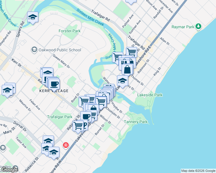 map of restaurants, bars, coffee shops, grocery stores, and more near 128 Water Street in Oakville