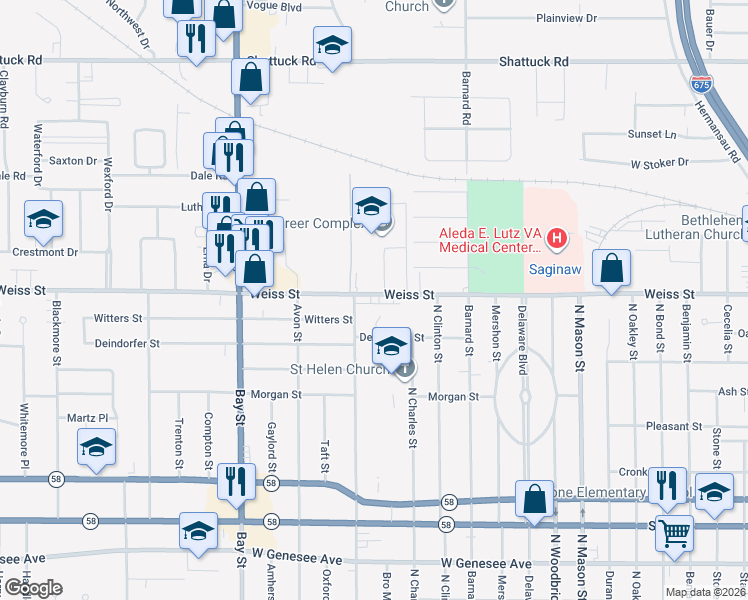 map of restaurants, bars, coffee shops, grocery stores, and more near 15 Ruhlig Court in Saginaw