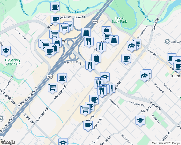 map of restaurants, bars, coffee shops, grocery stores, and more near 700 Dorval Drive in Oakville